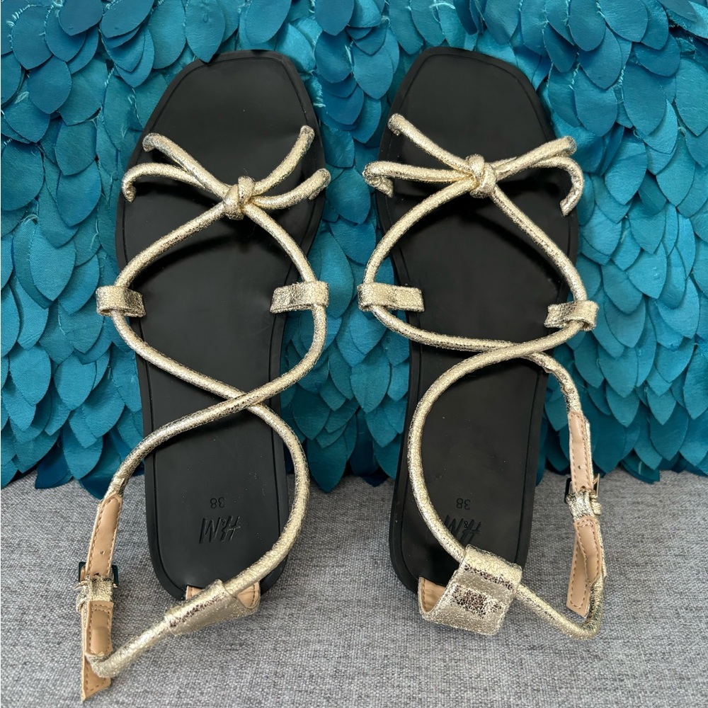 Gold Criss Cross Strap Sandals Size 38